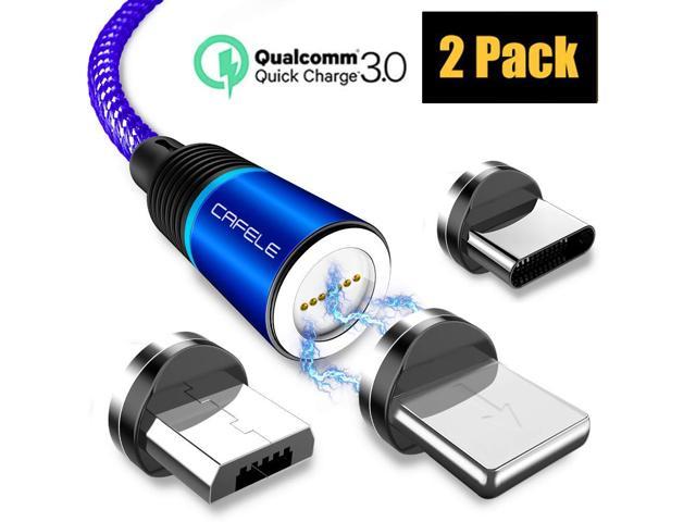 Magnetic Charging Cable CAFELE 2 Pack/6.6ft 3 in 1 Magnetic Phone Charger Universal QC 3.0 Fast Charging Data Sync Nylon Braided USB Cord Magnet Phone Charger for iOS Micro USB Type C Devices Blue 