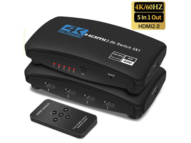Switch HDMI 5 Ingressi 1 Uscita 4K@60Hz | Selettore HDMI 2.0 Con Telecomando IR - Portatile