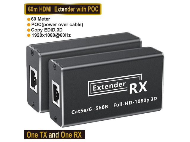 Tx Rx Rj45 Dp Adaptor Jansicotek 196ft/60m HDMI Extender (Tx + Rx) Via Single RJ45 Cat5e/6 ...