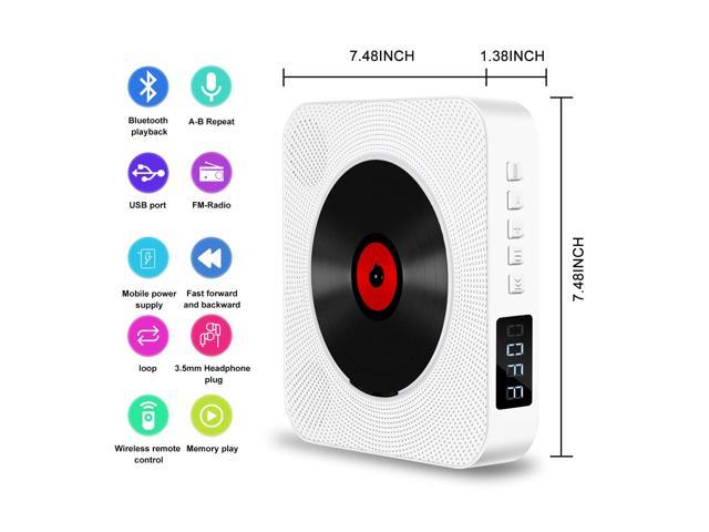 White Bluetooth Wall Mountable CD Music Player with Screen ACOSS Portable CD Player Home Audio Boombox with Remote Control FM Radio Built-in HiFi Speakers MP3 Headphone Jack AUX Input Output