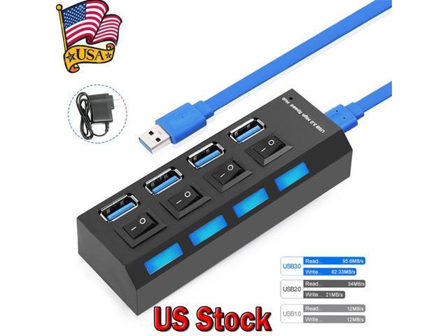 LED 4-Ports USB 3.0 HUB 5Gbps High Speed AC Power Adapter for PC Laptop Mac 