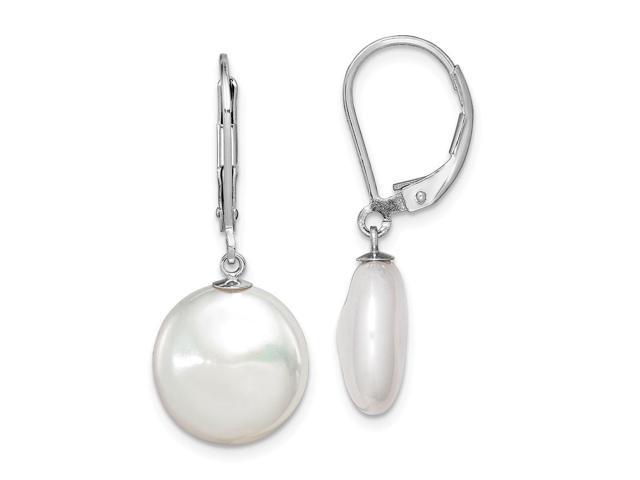12-13mm white coin fresh water pearl 925 Sterling silver lever back earrings