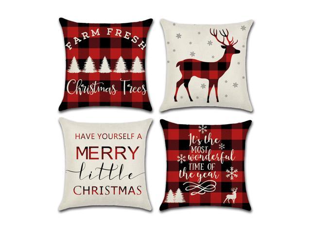 Set of 4 Pillow Covers 18x18, Christmas Design, Deer, Tree, Snowflakes Linen Fabric Decorative Indoor / Outdoor Pillow Case Set 45x45cm