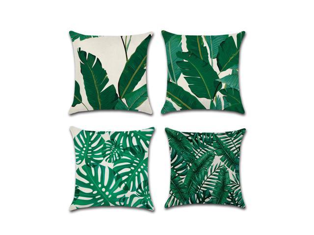 Decorative Cotton Linen Set of 4  Green Leaf Throw Pillow Cushion Covers 18 x 18 