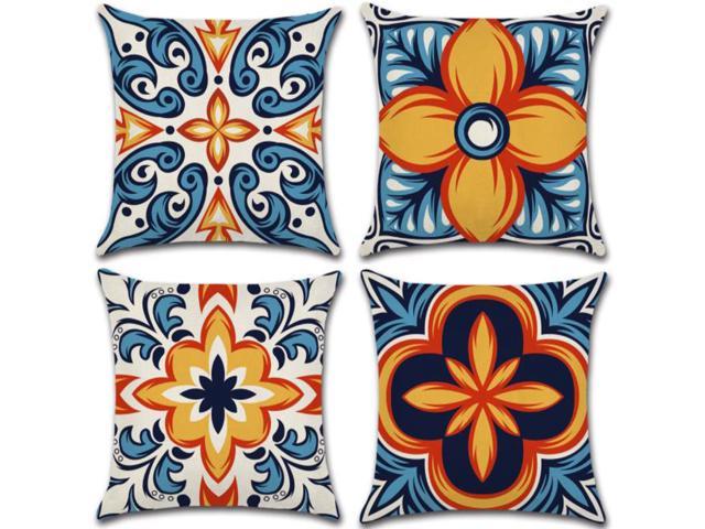 Set of 4 Pillow Covers 18x18, Blue Orange Kaleidoscope Design Pattern Style, Cotton Linen Fabric Decorative Indoor / Outdoor Throw Pillow Case Set 45x45cm