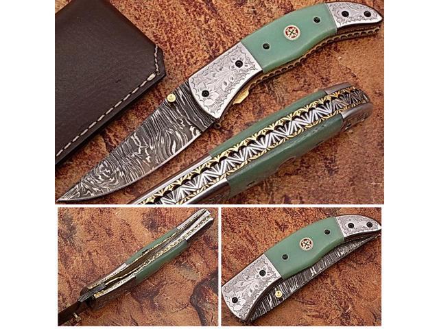 Magnum Trailmaster Damascus Folding Knife ENGRAVED Steel Bolster Composite Grip
