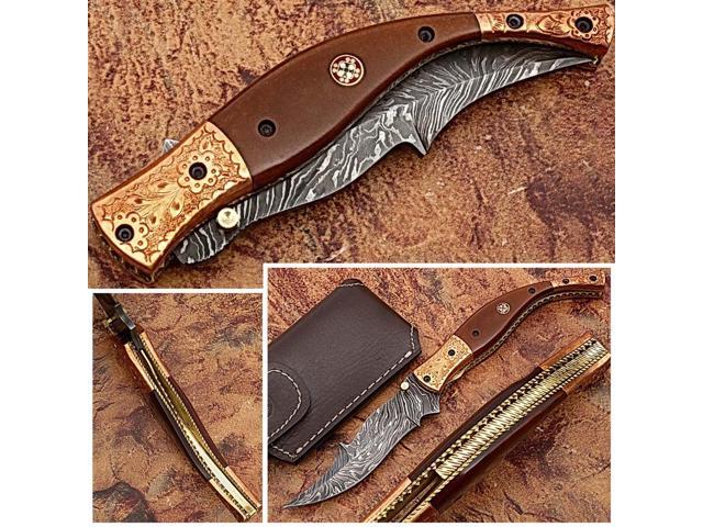 Executive Series MAGNUM COMBLOCK Damascus Folding Knife Bakelite Solid Copper ENGRAVED Bolstered