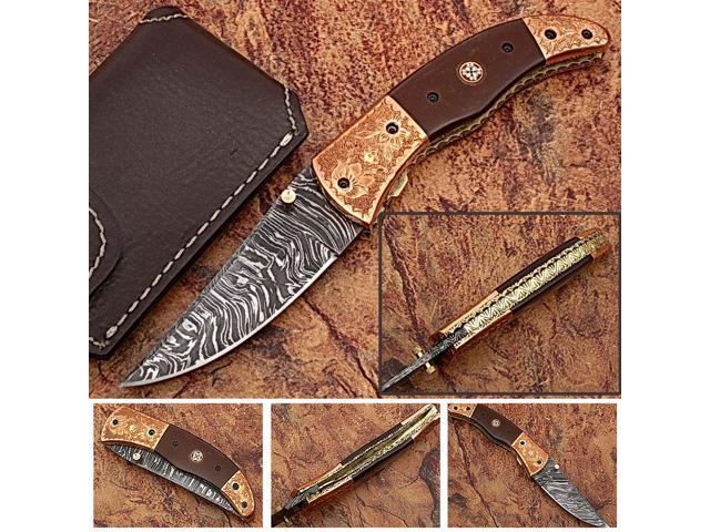 Executive Series Bakelite Folding Damascus Knife Solid Brass ENGRAVED Bolster