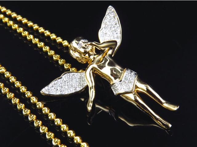 Yellow Gold Finish Real Diamond 3d Angel Pendant Charm .50 Ct with Moon Chain
