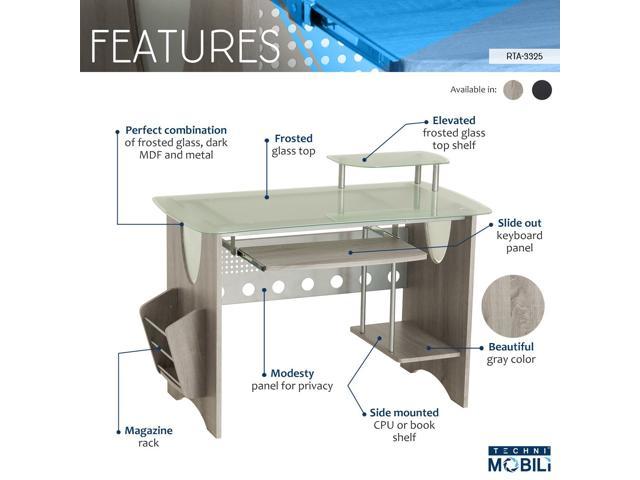 Techni Mobili Stylish Frosted Glass Top Computer Desk With Storage