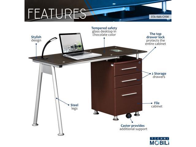 Techni Mobili Rta 1565 Glass Top Desk With Built In File Cabinet Chocolate Brown Newegg Com