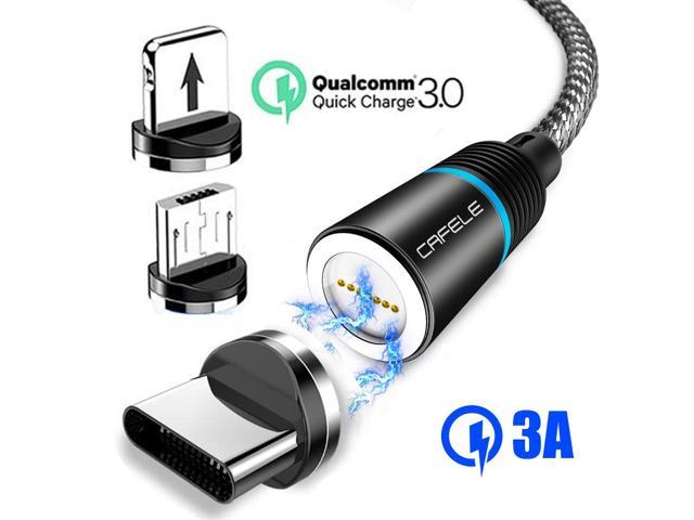 QC3.0 Nylon Braided Cord with LED Light CAFELE 3 in 1 Universal Magnetic Phone Charging Cable 6.6ft Compatible with Micro USB Type C Black Automatically Connect Support Data Trasfer 