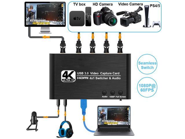 4K@30Hz 4x1 Capture Card Seamless Switch for Live Streaming, 4K 30FPS Game Capture  Card with