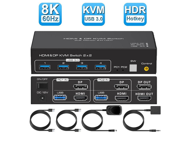 8K Dual Monitor HDMI DP KVM Switch 8K@60Hz, USB HDMI DisplayPort ...