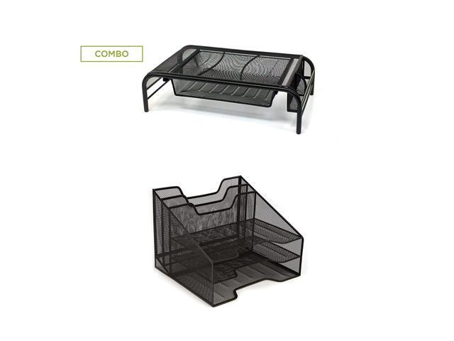 Mind Reader Meshmonbox Blk Metal Mesh Monitor Stand With Drawer Organizer Desk 5 Trays Desktop Document Letter Tray For Folders Mail