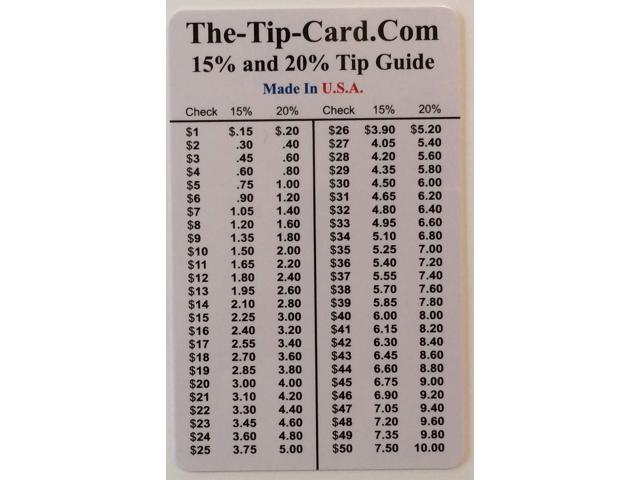 Tip Card Table For Wallet Pocket Or Purse Easy Tipping Up To 100