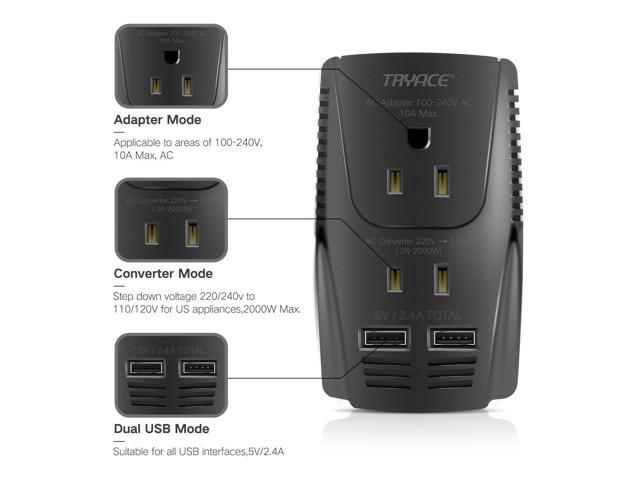 TryAce 2000W 220V to 110V Voltage Converter Step Down Voltage for Hair Dryer Straightener Curling Iron,Laptop,Cell Phone.Power Converter with 2-Port USB and UK/AU/US/EU Worldwide 10A Plug Adapter 