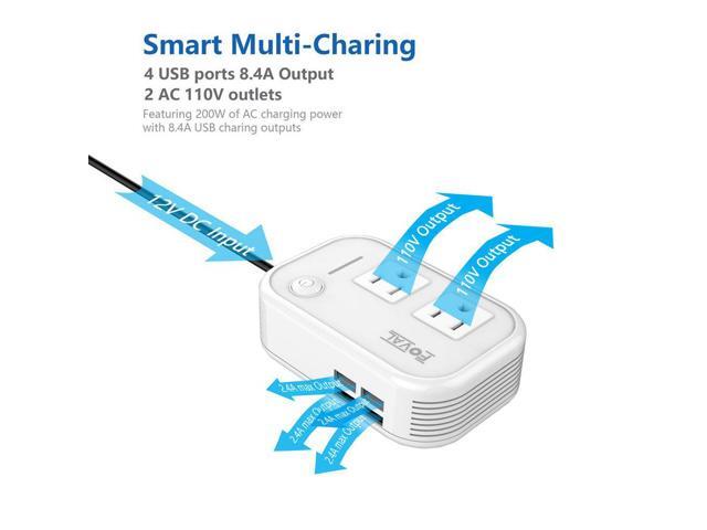White Foval 200W Car Power Inverter DC 12V to 110V AC Converter with 4 USB Ports Charger