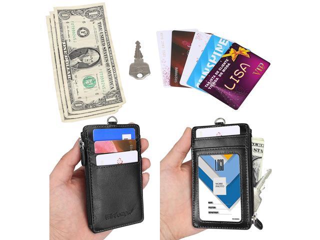 1 Side Zipper Pocket and 20 PU Neck Lanyard/Strap Rose Gold Badge Holder with Zipper Vertical Wisdompro Slim Double Sided PU Leather ID Holder Wallet Case with 5 Card Slots 