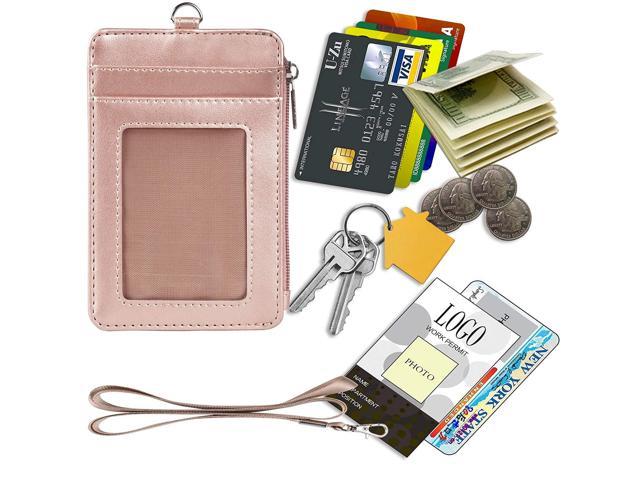 ID Window Leather Card Holder Card Case Badge Wallet Neck Strap Lanyard for Work