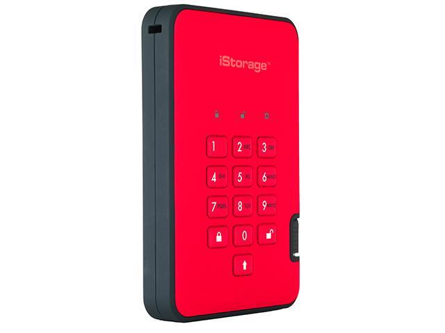 Secure portable hard drive iStorage diskAshur2 HDD 2TB Red military grade hardware encryption USB 3.1 IS-DA2-256-2000-R portable Password protected dust and water resistant 
