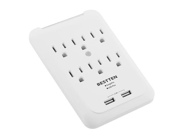 BESTTEN 6 Outlet Surge Protector Wall Adapter Tap with Dual USB Charging Ports 