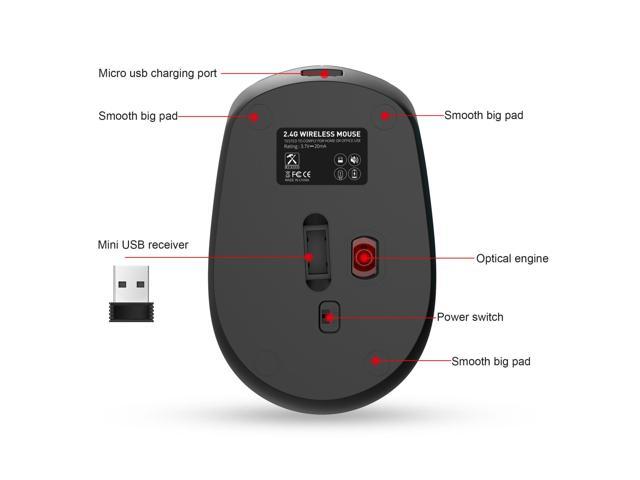 HXSJ M107 4-buttons 1600 DPI 2.4GHz Wireless Rechargeable Mouse ...