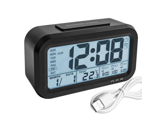 Digital Alarm Clock Backlight Lcd Morning Clock Travel Alarm Clock With 3 Alarms Thermometer Calendar Large Display Smart Nightlight Soft Light Snooze Battery Operated With Usb Charger Newegg Com