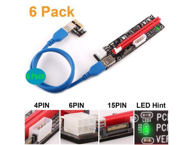 6pin / MOLEX/SATA Ubit 6 Pack Latest GPU PCI-E Riser Express Cable 16X to 1X with Led Graphics Extension Ethereum ETH Mining Powered Riser Adapter Card 