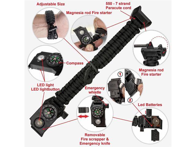 Release Compass Whistle Buckle LED Light SOS Flash Flint Scraper Fire Starter Prarchute 550 Cord Paracord Bracelet Outdoor Camp Backpack Accessories 11/16 Webbing Size