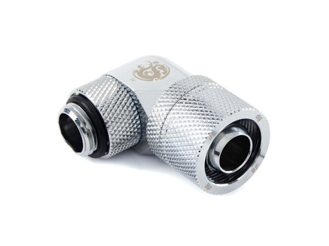 Bitspower G1/4" to 3/8" ID, 5/8" OD Compression Fitting for Soft Tubing, CC3 Ultimate, 90 Degree Dual Rotary, Silver Shining