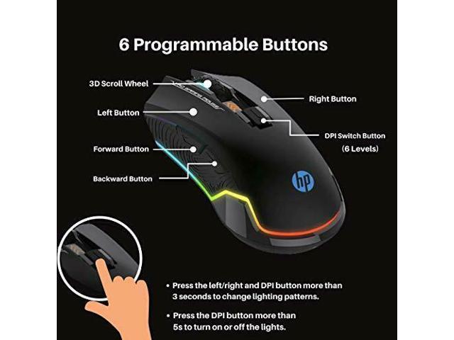 HP Wired Gaming Mouse LED RGB Backlit Adjustable 6200 DPI 6 ...