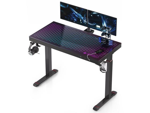 EUREKA ERGONOMIC 47 Inch GTG Height Adjustable Music Sync RGB LED Lights Up Glass Gaming Standing Desk, Smart APP Control Dual Motor Electric Sit Stand Home Office Computer Studio Table with USB Ports