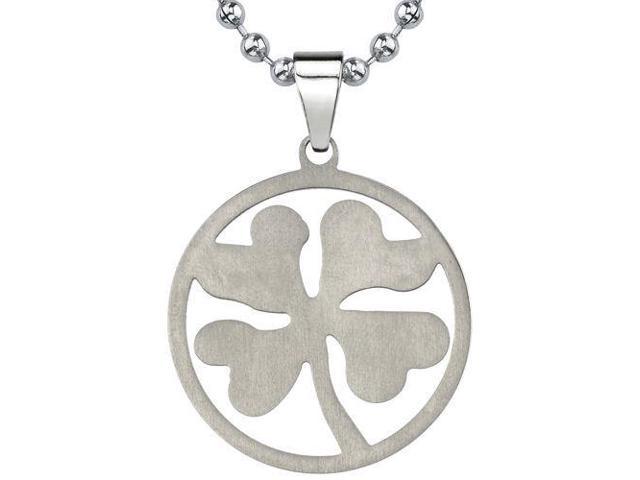 Style with Little Luck: Designer Inspired Titanium Brushed Finish Four-leaf Clover Pendant on a Stainless Steel Ball Chain
