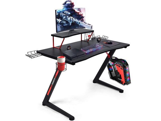GTRACING Gaming Desk Computer Office PC Gamer Table Pro Racing Style Professional Game Station Z-Shaped with Monitor Stand Shelf, Gaming Controller Tablet Stand & Cup Holder, Black