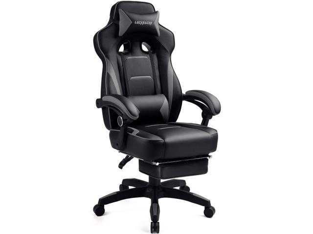 Luckracer Gaming Chair with Footrest Office Desk Chair Ergonomic Gaming Chair Pu Leather High Back Adjustable Swivel Lumbar Support Racing Style E-Sports Gamer Chairs Gray