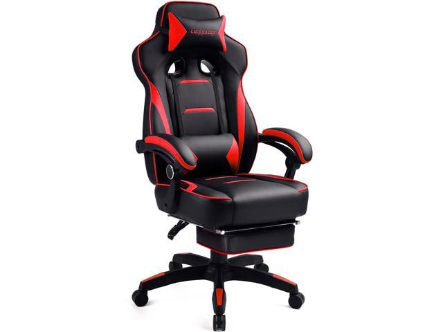 Luckracer Gaming Chair with Footrest Office Desk Chair Pu Leather High Back Adjustable Swivel Lumbar Support Reclining Ergonomic Gamers Chair with Footrest Red
