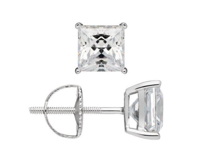 14k Solid White Gold Princess Cut Cubic Zirconia Stud Earrings