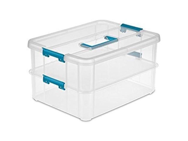 Photo 1 of *** Missing one lid*** Sterilite 1427cLR Stack & carry - 2 Layer Box, clear Lid & Blue Handle, See-through layers