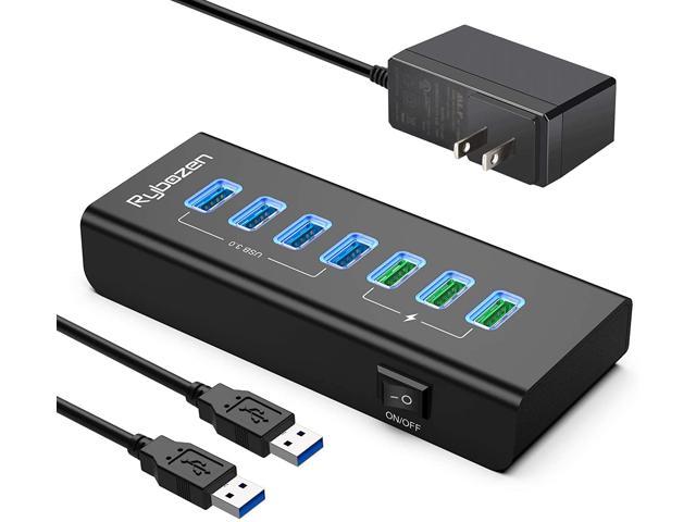 Powered USB Hub 3.0, 7-Port USB Hubs with 4 USB 3.0 Super Speed Data Ports  and 3 USB Smart Charging Ports,USB Splitter with LEDs On/Off Switch and 