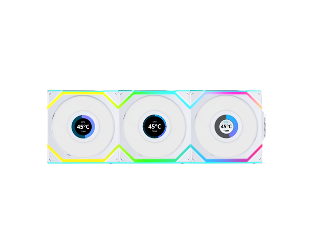 Lian Li UNI Fan SL LCD Wireless (Reverse Blade) 120mm ARGB Fan - Triple Pack - 1.6" LCD Display - 2.4 GHz Wireless Signal for RGB & Fan Control - Controller Included & Required - White(12RSLLCD1W3W)