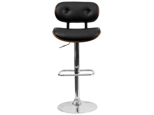 Walnut Bentwood Adjustable Height Bar Stool with Button Tufted Black Vinyl