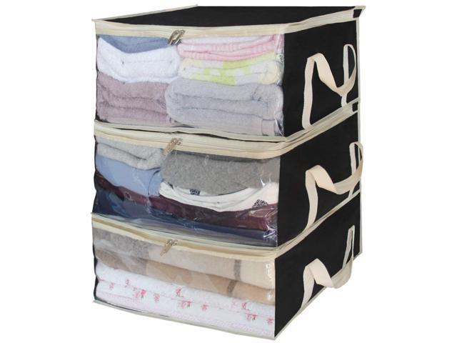 Foldable Storage Bags Clothes Organizer Containers For Clothing Sweater Blanket Comforter Bedding In Bedroom Closet 3 Piece Set Black