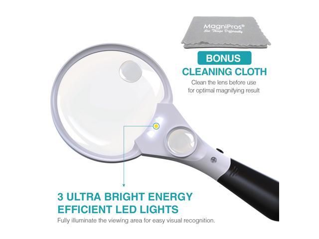 MagniPros 3 Ultra Bright LED Lights 3X 4.5X 25X Power Handheld Reading  Magnifying Glass with Light- Ideal for Reading Small Prints, Map, Coins