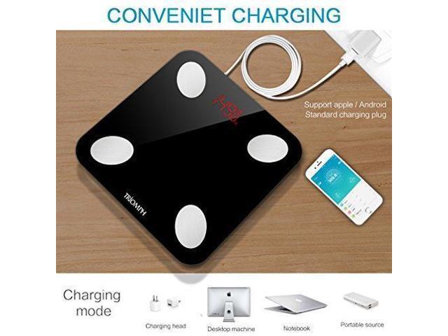 Black USB Charging Body Fat Scale with IOS and Android App Digital Bathroom Scale for Weight Body Fat Bone Mass and Visceral Fat BMI Water Triomph Rechargeable Smart Bluetooth Scale Muscle BMR