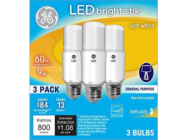 GE Bright Stik LED Light Bulbs, 9 Watt (60 Watt Equivalent) Soft White, Medium Base, Non-Dimmable (3 Pack)