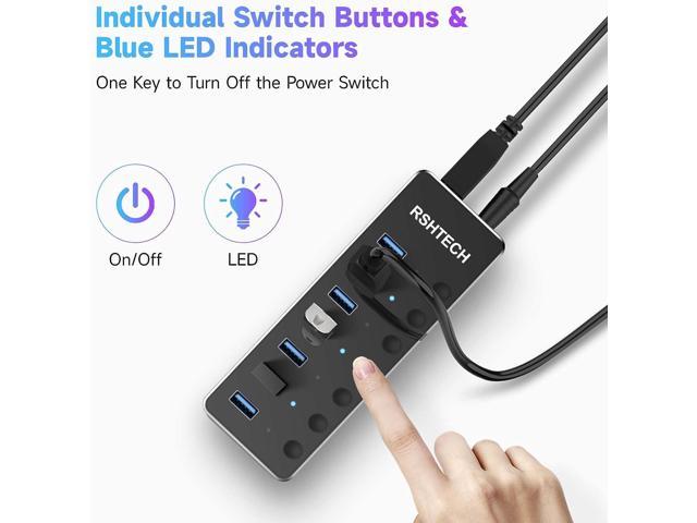 Powered USB Hub RSHTECH Type C to 7 Port USB 3.0 Data Port Hub Expander  Aluminum Portable Splitter with Universal 5V AC Adapter and Individual  On/Off