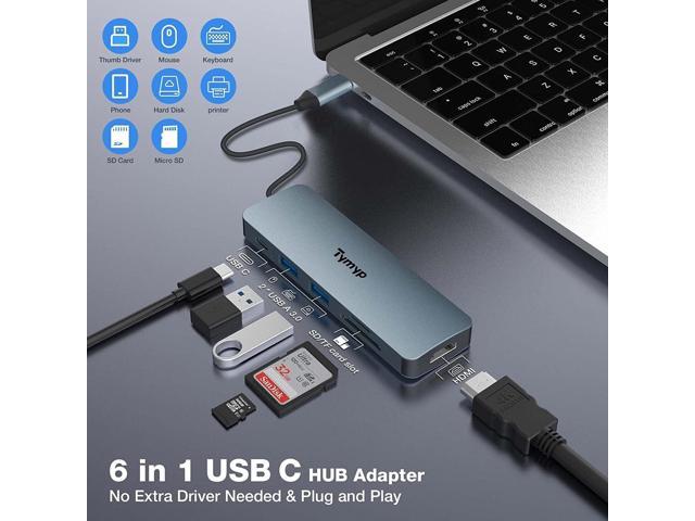Tymyp 9 in 1 USB C Hub, USB C Docking Station, HDMI 4K@30Hz, 3 x USB 3.0,  USB C 3.0 Data, USB 2.0, 100W Power Delivery, SD/TF Card Reader, Compatible