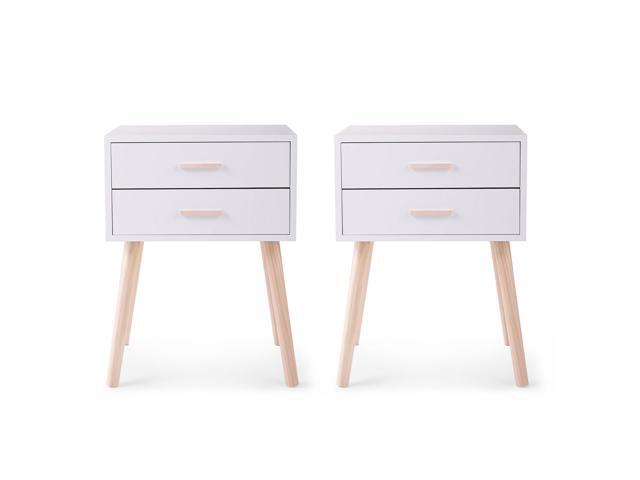 2pcs White Nightstand Side End Table W 2 Drawers Pine Wood Legs