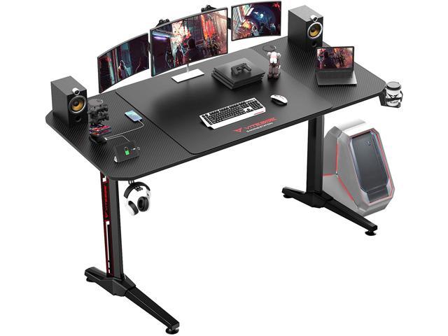 35, Blue Gmaing Desk Computer Gaming Desk Z Shaped Gaming Workstation Ergonomic Gaming Table with Headphone Hook for Game Players